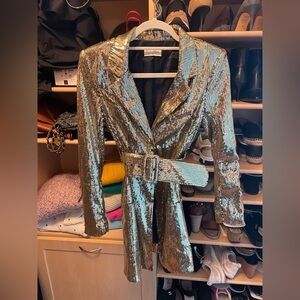 Gold sequin blazer mini dress with belt and pockets